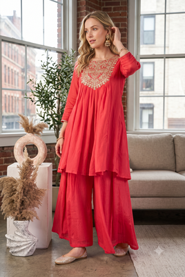 Coral red embroidered yoke pleated short kurti with flared palazzo set for women 3