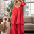 Coral red embroidered yoke pleated short kurti with flared palazzo set for women