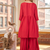 Coral red embroidered yoke pleated short kurti with flared palazzo set for women
