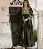 Mehndi silk blend embroidery anarkali kurta pant set with dupatta