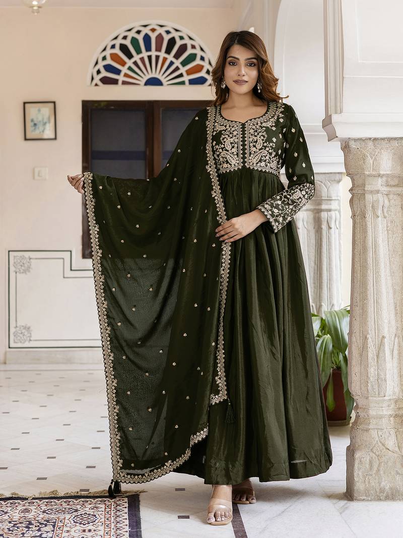 Mehndi silk blend embroidery anarkali kurta pant set with dupatta