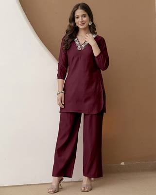 Women's stylish maroon soft viscose silk kurta and pant casual wear co-ord set 2