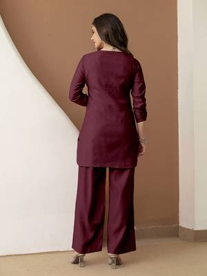 Women's stylish maroon soft viscose silk kurta and pant casual wear co-ord set 3