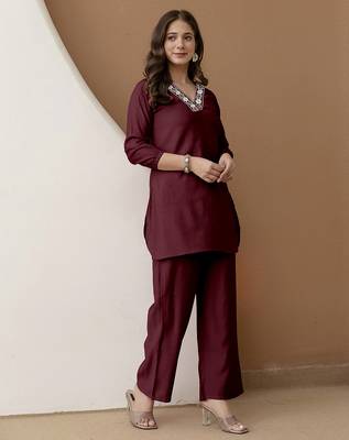 Women's stylish maroon soft viscose silk kurta and pant casual wear co-ord set 5
