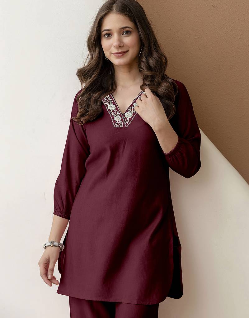 Women's stylish maroon soft viscose silk kurta and pant casual wear co-ord set