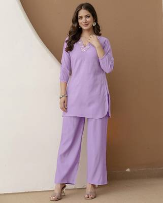 Women's stylish lightpurple soft viscose silk kurta and pant casual wear co-ord set 2