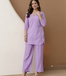 Women's stylish lightpurple soft viscose silk kurta and pant casual wear co-ord set