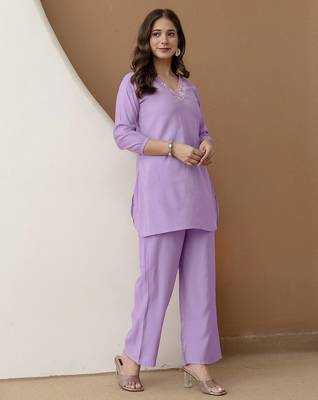 Women's stylish lightpurple soft viscose silk kurta and pant casual wear co-ord set 4