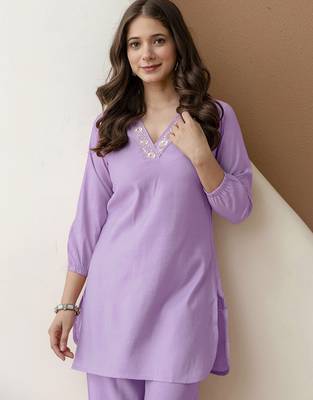 Women's stylish lightpurple soft viscose silk kurta and pant casual wear co-ord set 5