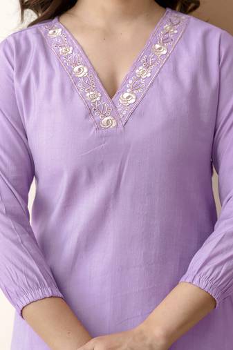 Women's stylish lightpurple soft viscose silk kurta and pant casual wear co-ord set