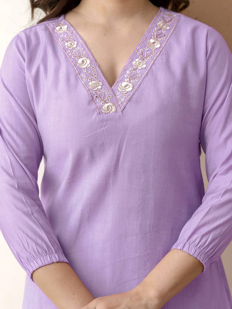 Women's stylish lightpurple soft viscose silk kurta and pant casual wear co-ord set