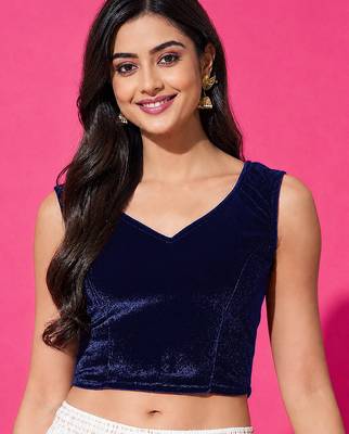 Navy blue velvet v-neck back open sleeveless blouse 1
