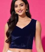 Navy blue velvet v-neck back open sleeveless blouse