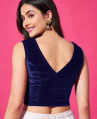 Navy blue velvet v-neck back open sleeveless blouse 2