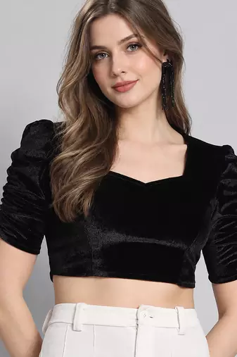 Black solid velvet square neck with v-shaped ruched puff sleeves blouse
