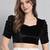 Black solid velvet square neck with v-shaped ruched puff sleeves blouse