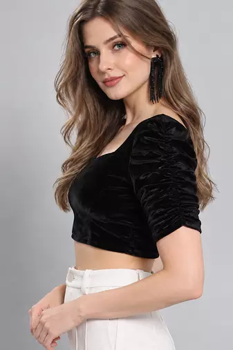 Black solid velvet square neck with v-shaped ruched puff sleeves blouse