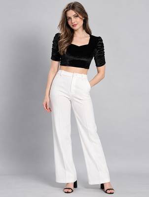 Black solid velvet square neck with v-shaped ruched puff sleeves blouse 4
