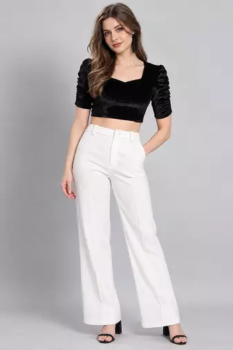 Black solid velvet square neck with v-shaped ruched puff sleeves blouse