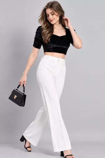 Black solid velvet square neck with v-shaped ruched puff sleeves blouse