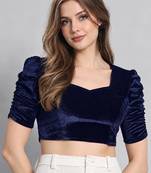 Navy blue solid velvet square neck with v-shaped ruched puff sleeves blouse