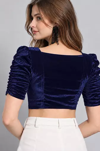 Navy blue solid velvet square neck with v-shaped ruched puff sleeves blouse