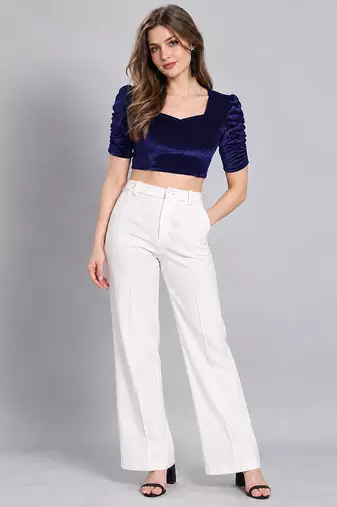 Navy blue solid velvet square neck with v-shaped ruched puff sleeves blouse