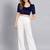 Navy blue solid velvet square neck with v-shaped ruched puff sleeves blouse