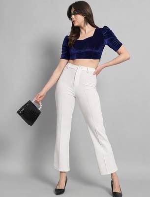 Navy blue solid velvet square neck with v-shaped ruched puff sleeves blouse 5