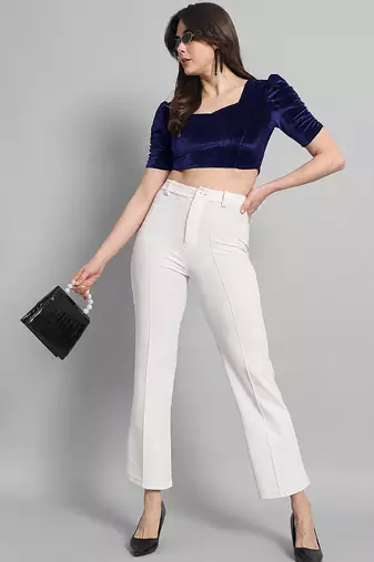 Navy blue solid velvet square neck with v-shaped ruched puff sleeves blouse