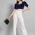Navy blue solid velvet square neck with v-shaped ruched puff sleeves blouse