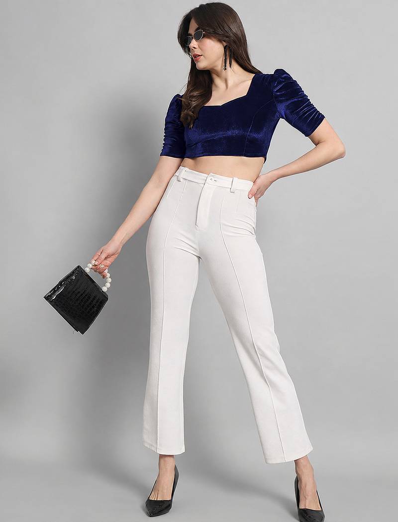 Navy blue solid velvet square neck with v-shaped ruched puff sleeves blouse