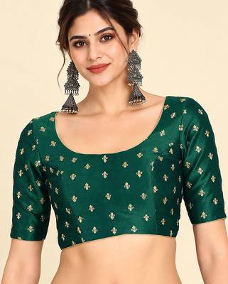 Dark green art silk embroidered readymade stylish saree blouse 1