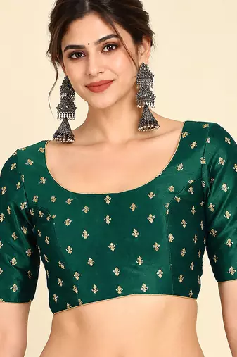 Dark green art silk embroidered readymade stylish saree blouse