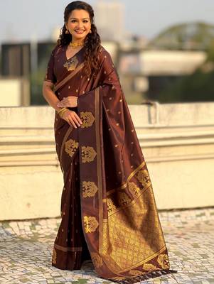 Brown woven design zari silk blend designer banarasi saree 1