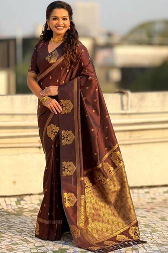 Brown woven design zari silk blend designer banarasi saree