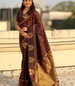 Brown woven design zari silk blend designer banarasi saree