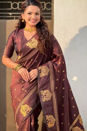 Brown woven design zari silk blend designer banarasi saree