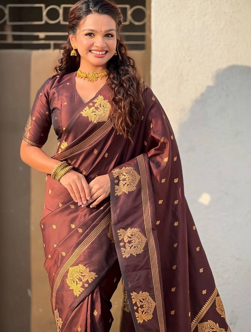 Brown woven design zari silk blend designer banarasi saree