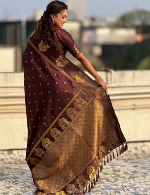 Brown woven design zari silk blend designer banarasi saree 3