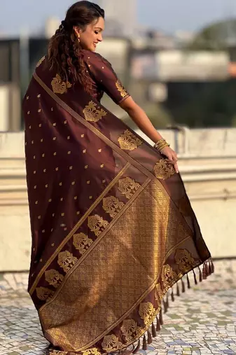 Brown woven design zari silk blend designer banarasi saree