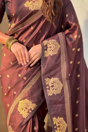 Brown woven design zari silk blend designer banarasi saree