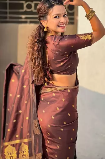 Brown woven design zari silk blend designer banarasi saree