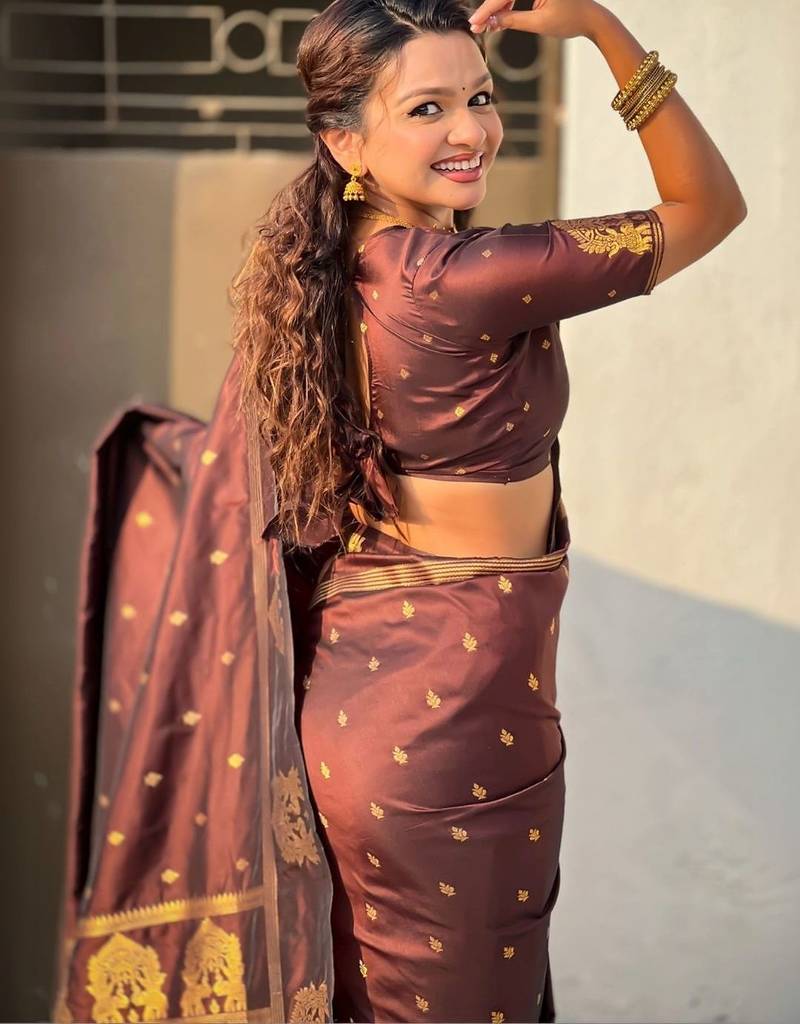 Brown woven design zari silk blend designer banarasi saree