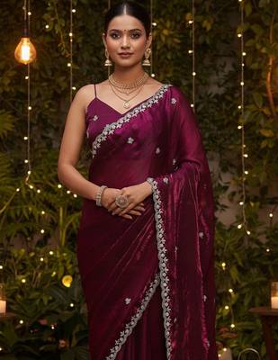Purple embellished embroidered satin heavy work saree 1