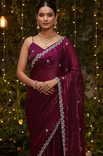 Purple embellished embroidered satin heavy work saree