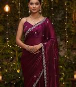 Purple embellished embroidered satin heavy work saree