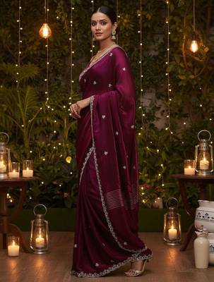 Purple embellished embroidered satin heavy work saree 2