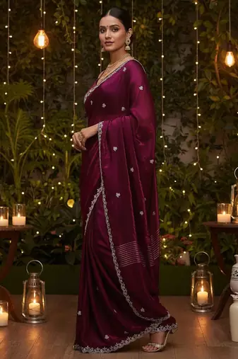 Purple embellished embroidered satin heavy work saree