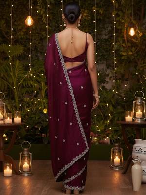 Purple embellished embroidered satin heavy work saree 3
